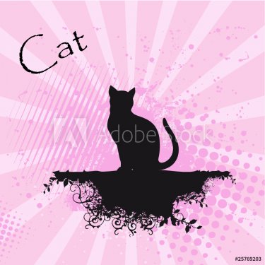 Cat silhouette on pink floral and grunge background