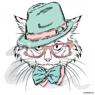 Cat vector. Cartoon cat. Cute cat in the clothes. Hip-hop. Cat in a cap and glasses. Hipster. Postcard with the cat.