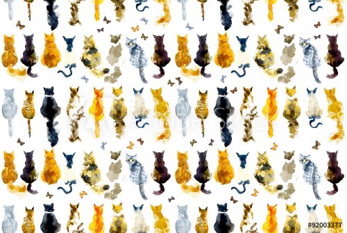 Cats and butterflies seamless background. Watercolor hand drawn illustration - 901153480