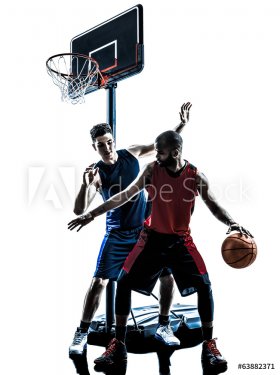 caucasian and african basketball players man dribbling silhouett - 901141862