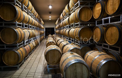 cellar with barrels for storage of wine, Italy
