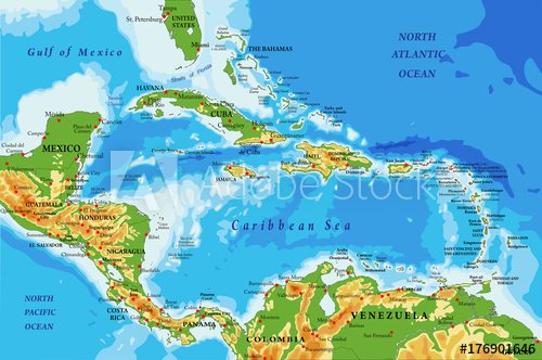 Central America and Caribbean Islands physical map - 901156235