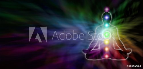Chakra Meditation Website Header - Wide dark banner with a rainbow colored spiral formation and a male silhouette seated in lotus position on the right and plenty of copy space