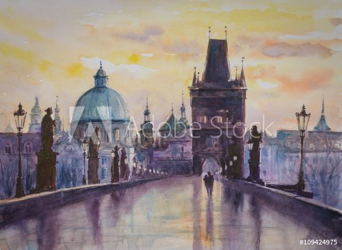 Charles bridge in Prague, Czech Republic. Picture created with watercolors.