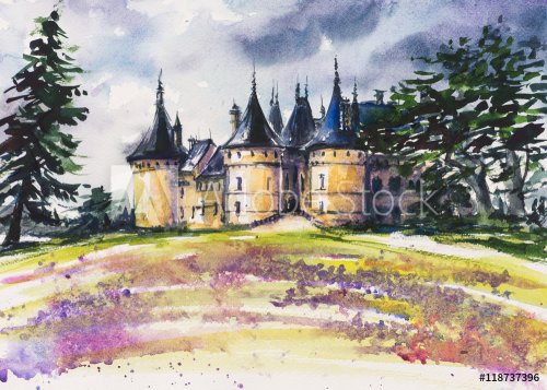 Chaumont- old medviedal castle watercolor painted.