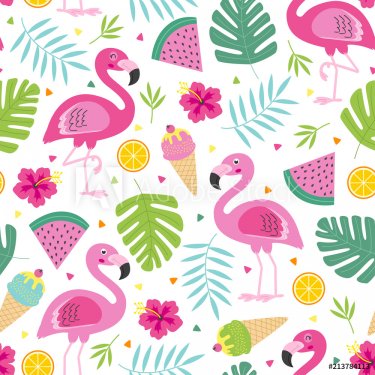 cheerful  tropical seamless pattern with pink  flamingo -  vector illustratio... - 901152398