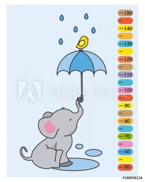 child meter. Elephant with umbrella in the rain and little bird on top - 901154136