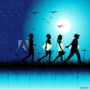 Children group on nature, night scene - 900459903