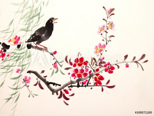 Chinese ink painting bird and plant