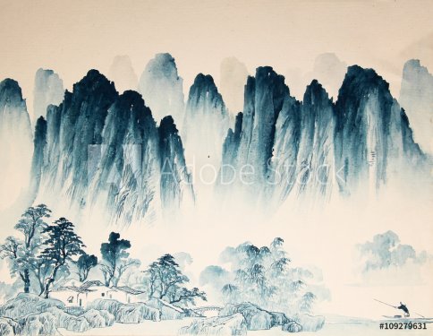 Chinese landscape watercolor painting - 901153942