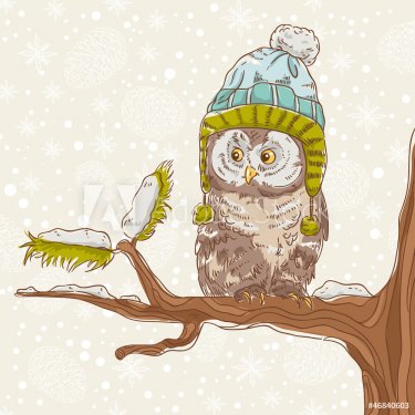 Christmas card of an owl in a hat - 900954719