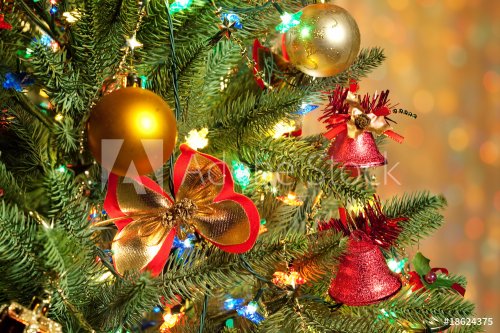 Christmas fir tree with colorful lights close up - 900636445