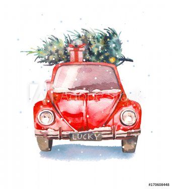 Christmas illustration. Watercolor retro car with gift box and christmas tree on top and snowflakes. Isolated winter holiday object on white background