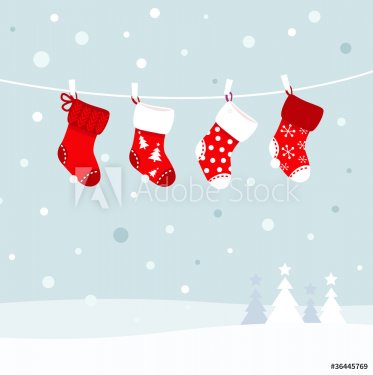 Christmas stockings in winter nature - white and red..