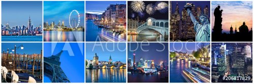 Cities of the word at night, panoramic collage - 901154004