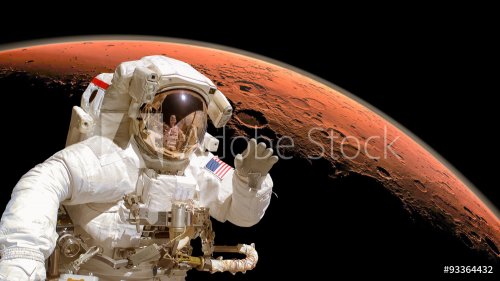 Close up of an astronaut in outer space, planet Mars in the background. Elements of the image are furnished by NASA