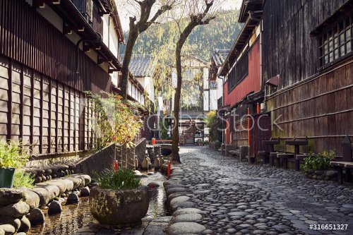 Cobblestone paved alley in Japanese Mountain Town
