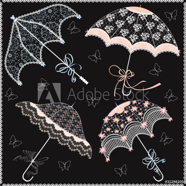 Collection of  vintage lace parasols on a black background