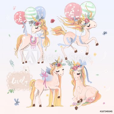 Collection, set of beautiful hand drawn unicorns with balloons, wings and floral flowers wreath. Romantic and beautiful, hand drawn magic vintage baby horse