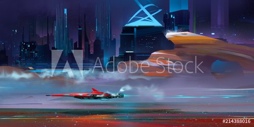 colored nightly fantastic urban cyberpunk landscape with mountains