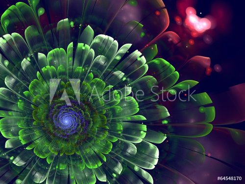 colorful fractal flower with green details on petals, on black - 901142852