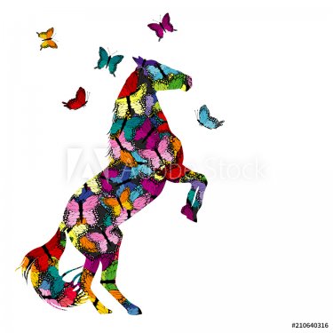 Colorful illustration with patterned horse and butterflies - 901154226