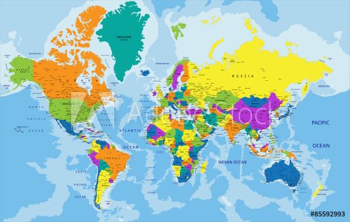Carte politique mondiale colorée. Textes en anglais - 901147181