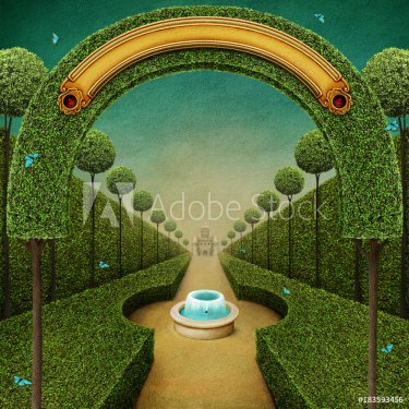 Conceptual fantasy green background with arch and Grand entrance to the Park with  fountain. 