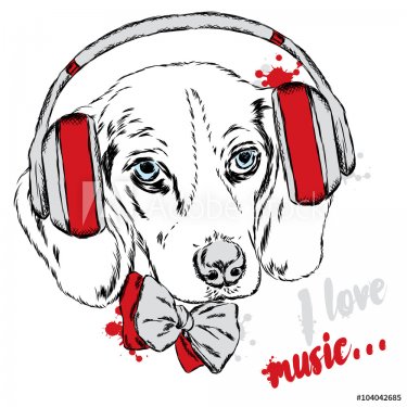 Cool dog with headphones and tie. Dog vector. Cute puppy.