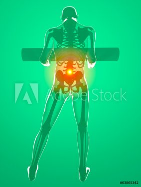 Corpo umano con un peso e dolore alla schiena, ai raggi x