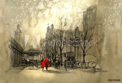 couple in red walking on street of city,freehand sketch - 901153577