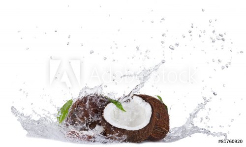 Cracked coconuts in water splash on white - 901144971