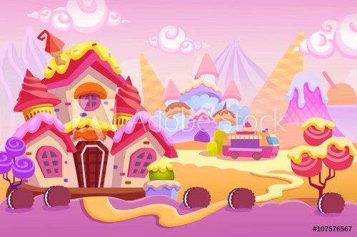 Creative Illustration and Innovative Art: Background Set 1: Ice cream Town. Realistic Fantastic Cartoon Style Artwork Scene, Wallpaper, Story Background, Card Design
