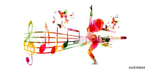 Creative music style template vector illustration, colorful music staff and notes with woman silhouette dancing, dancer performance background. Design for poster, brochure, banner, concert, festival