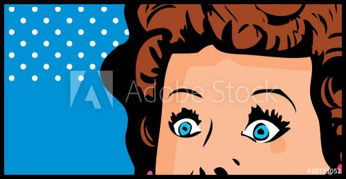 Cropped woman face pop art comic banner with Eyes Wide open - 900464286