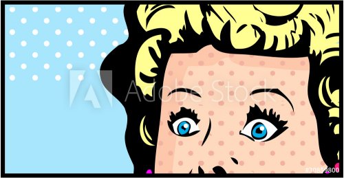 Cropped woman face pop art comic banner with Eyes Wide open - 900464292