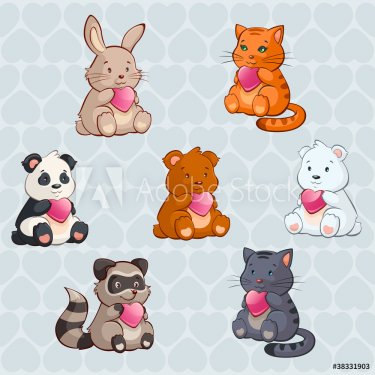 Cute Baby Animals holding Hearts - valentine day illustration in - 900600945