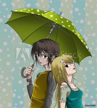 Cute boy and girl with umbrella and nice background