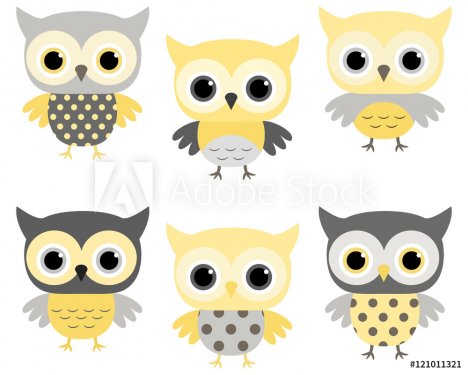 Cute cartoon baby owls in grey and yellow