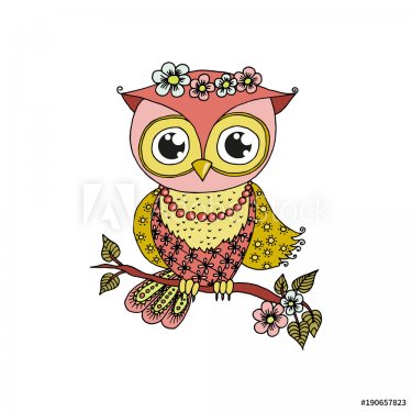 Cute cartoon owl sitting on tree branch - 901154405