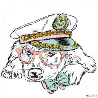 Cute dog in a captain's cap. Charming puppy. Vector illustration.