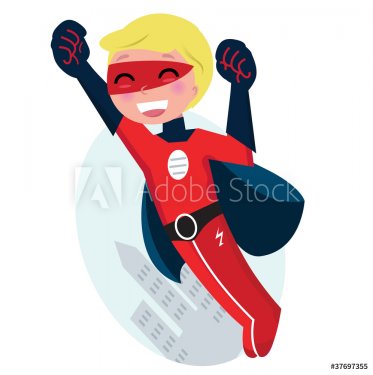 Cute flying superhero boy with city silhouette behind - 900706099