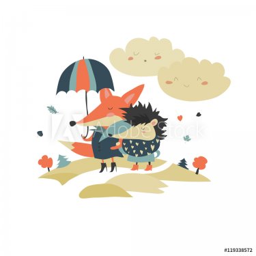Cute fox and hedgehog walking under umbrella - 901151713
