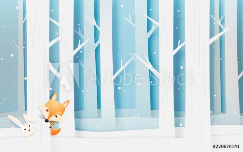 Cute fox in the wood with paper art style pastel scheme