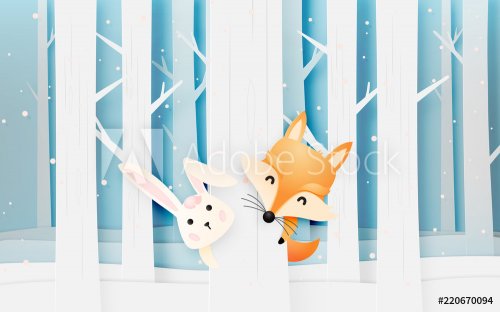 Cute fox in the wood with paper art style pastel scheme - 901151694