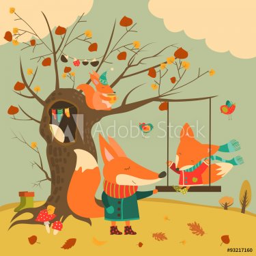 Cute foxes ride on a swing in the autumn forest - 901151712
