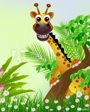 cute giraffe cartoon smiling with tropical forest background - 900949483