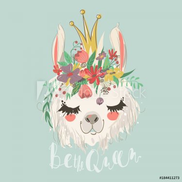 Cute hand drawn llama with flowers wreath and beautiful crown. Flower bouquet, lovely, sketch llama queen kids illustration