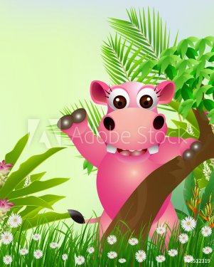 cute hippo cartoon smiling with tropical forest background