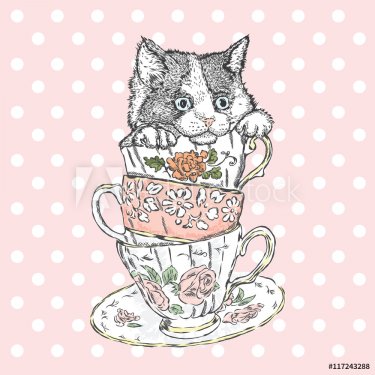 Cute kitten in a porcelain dish. Vector illustration for greeting card, poste... - 901147697